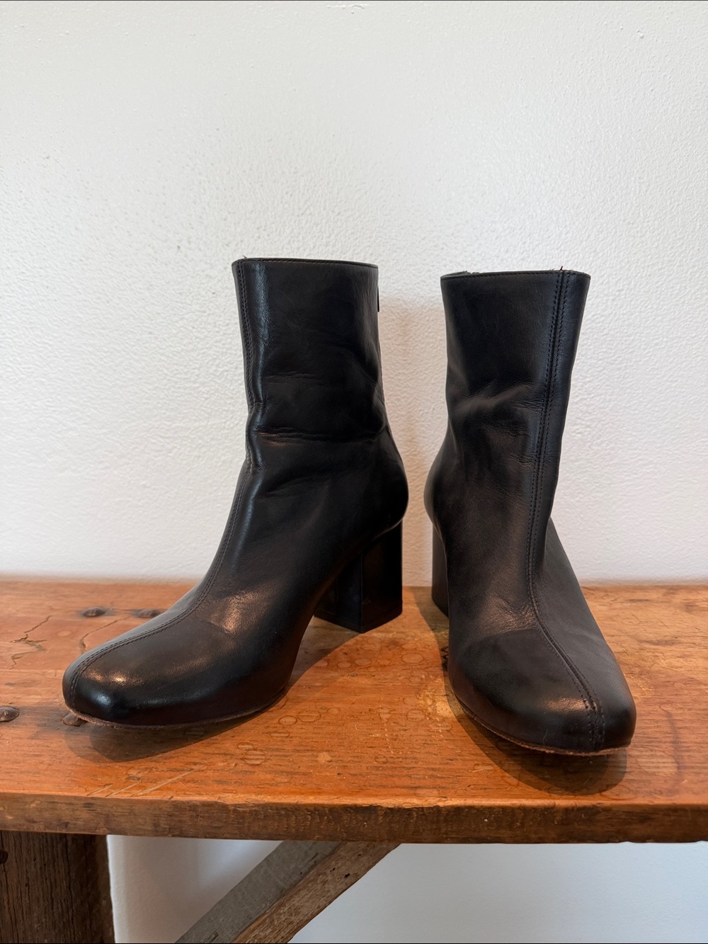 Black Leather Block Heel Ankle Boots - Women